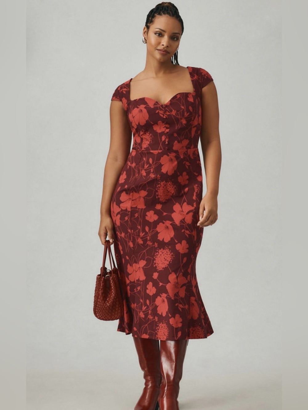 Anthropologie Cecily | Red Floral Sweetheart Midi Dress
